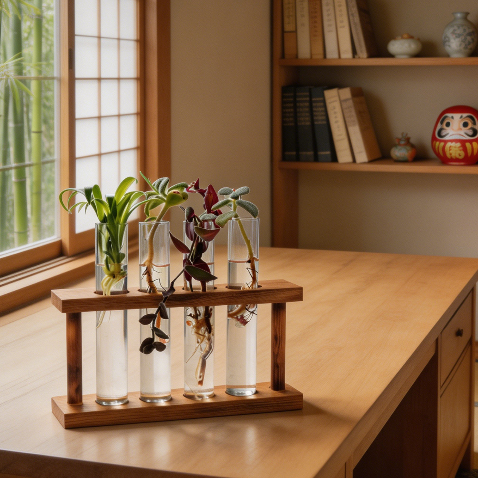 Desk Setup Plant - Wooden Plant Propagation Station with Glass