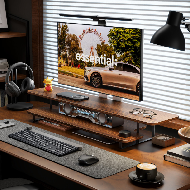 Walnut Finish Monitor Stand Ri - Desk Setup For Laptop And Monitor 评论和价格
